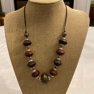 Brown Silver Metal Tribal Lightweight Necklace on Cord Lobster Claw Clasp